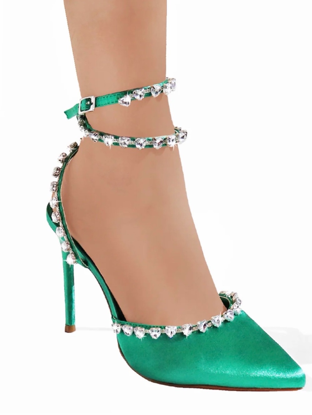 Liliana Vitto-82 Green Satin Heels with Double Ankle Strap Rhinestone Stiletto